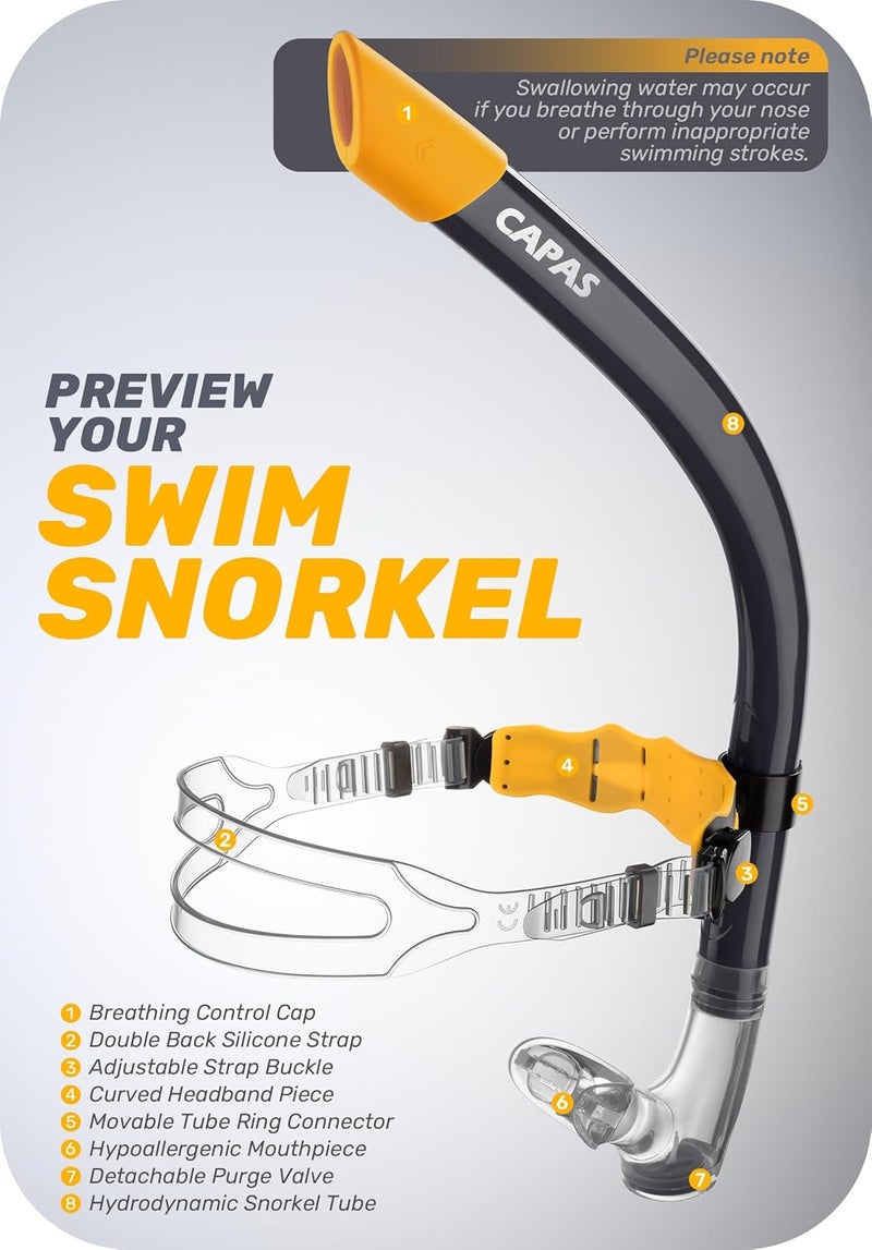 Capas Training Swim Snorkel for Lap Swimming, Swivel Headband Ultimate Fit Center-Mount Swimmers Snorkel with Liquid Silicone Mouthpiece Adjustable Strap, Designed for Adult Men Women - Image 2